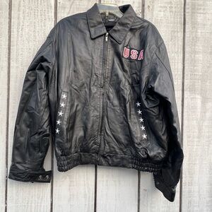 Men’s black Leather bomber Jacket embroidered zip-out faux fur inner lining XL